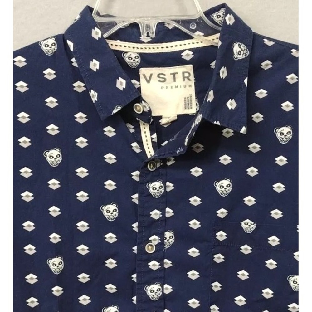 VSTR Premium Shirt Men's XL Short Sleeve Button Up Panda Geometric Print Blue